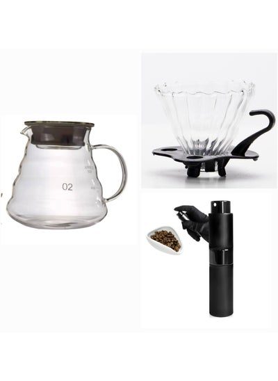 Buy V60 drip coffee maker set consists of a glass funnel, a glass server and a coffee humidifier sprayer in Saudi Arabia