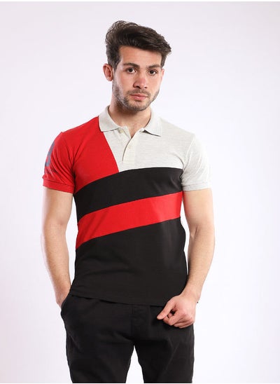 Buy Tri-toned Short Sleeves Polo Shirt - Red, Black & Heather Beige in Egypt