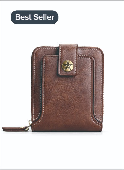 Buy Men's Short Wallet European and American Fashion Retro Multifunctional Wallet Zipper Buckle Card Holder Brown in Saudi Arabia