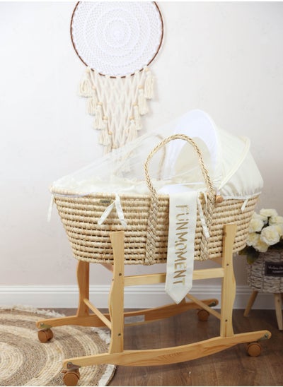 اشتري Baby cradle Moses basket for babies with mosquito net with wooden holder with wheels في السعودية