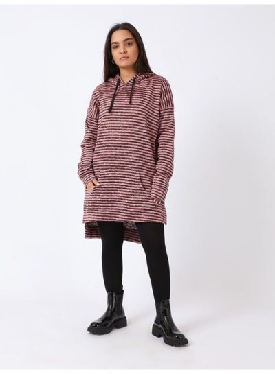 اشتري High-Low Striped Fleece Knitted Hoodie - Cashmere في مصر