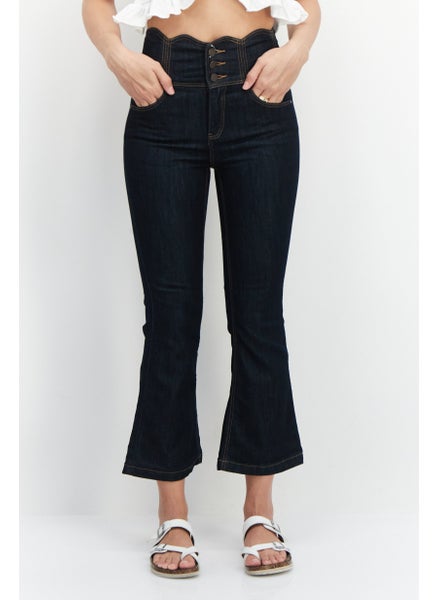 Buy Women Bootcut Fit Stretchable Washed Denim Jeans, Navy Blue in UAE