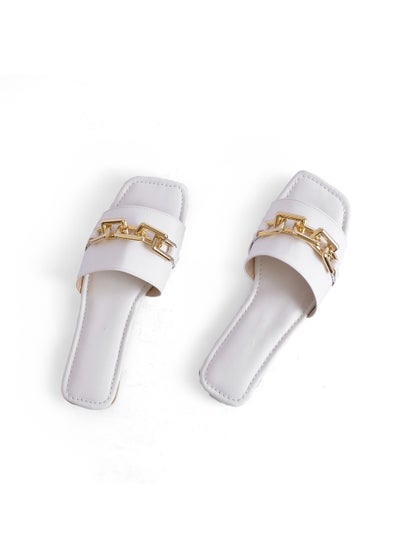 Buy Slipper Flat Leather With a chain SL-130 - White in Egypt