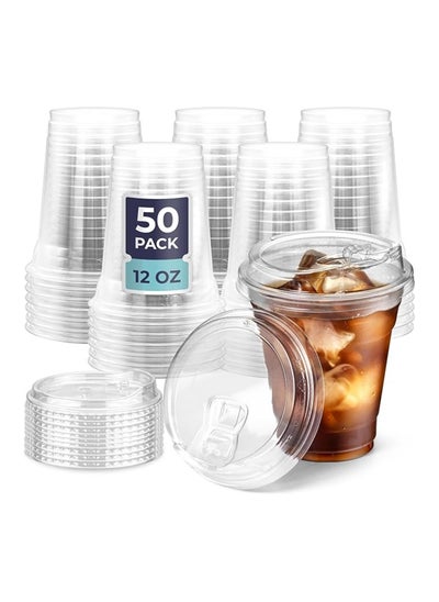 Buy [50 Pcs] 12 oz Clear Plastic Cups with Strawless Sip Lids, Disposable Plastic Coffee Cups with Lids, To Go Cups for Iced Coffee, Smoothies, Soda, Party Drinks, Bubble Tea, Cold in UAE