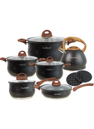 اشتري Non Stick Cookware Set, Stainless Steel 201 Cooking Pot Set, Cookware Set with Wooden Handle, Suitable for All Stoves, Oven Safe في السعودية