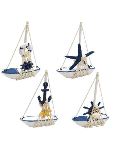 اشتري Handmade Nautical Sailing Boat Decoration, 4 PCS Mini Sailboat Model Decoration Wooden Miniature Sailing Boat Home Desk Room Decor Set, Beach Nautical Design, Navy Blue and White (4.4 x 6.8 Inch) في الامارات