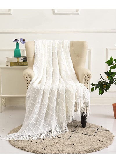 اشتري Sofa Decorative Blanket, Soft and Comfortable Knitted Blanket with Tassels for Sofa and Bed Diamond Shaped Coverlet Lightweight Decorative Bed End Blanket Nap Blanket (beige, 127x152cm) في الامارات