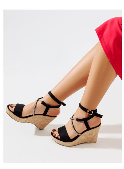 Buy Sandal Heels Wedge Suede With Diamond Straps W-7 - Black in Egypt
