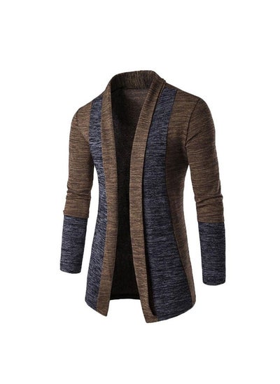 Buy Retro Men Long Sleeve Slim Fit Color Block Patchwork Knitted Coat Coffee in Saudi Arabia