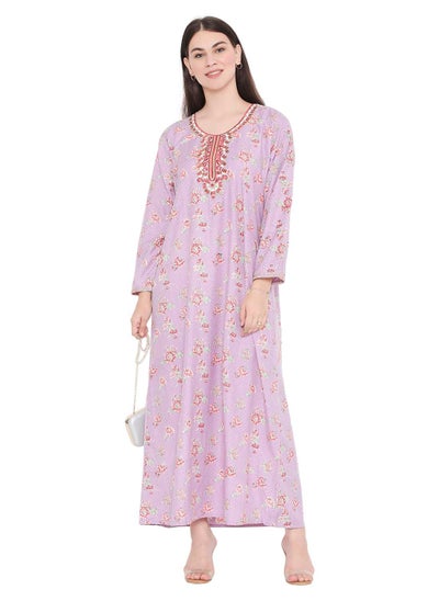 Buy UNIQUE NECK THREAD EMBROIDERY LONG FULL SLEEVES PRINTED ARABIC KAFTAN JALABIYA DRESS in Saudi Arabia