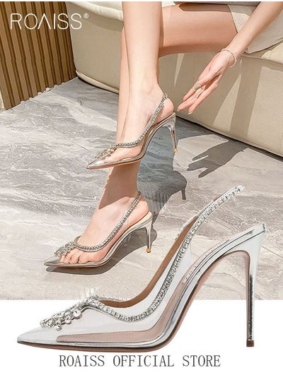 Buy Women Rhinestone Decor Slingbacks PVC Stiletto Heeled Glamorous Pumps Fashion Crystal High Heels Slip On Slingback Pointed Closed Toe Transparent PVC Dress Wedding Sandals Summer Shoes in Saudi Arabia