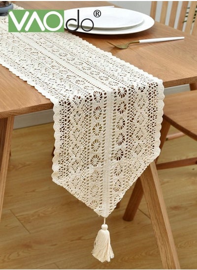 Buy Hollow Table Runner Hand Crocheted Table Flage Polyester Cotton Material Suitable for Coffee Table Long Table Home Decoration Beige 30 * 180CM in UAE