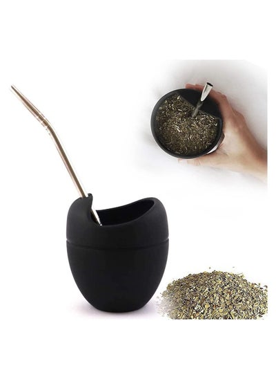 Buy Reusable Silicone Cups, Silicone Mate Gourd Cup Mug Gourd Set With Stainless Steel Straw Filter To Drink Tea And Yerba Mate Drinking, BPA Free, Easy To Clean, 180 Ml (Black) in UAE