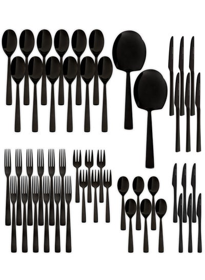 Buy 50 Pieces Cutlery Set for 12 Person,Pure Stainless Steel,Mirror Polished Set Include Dinner Spoon/Tea Spoon/Dinner Fork/Cake Fork/Dinner Knife/Fruit Knife/Rice Server (SHINE BLACK) in UAE