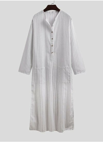 اشتري Men's Muslim Stripe Pattern Loose Robe Thobe Long Sleeve Side Split Kaftan White في السعودية