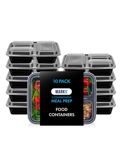 Buy Pack Of 10 Reusable Lunch Box 3 Compartment Plastic Food Storage Containers With Lids 32 Ounce in UAE