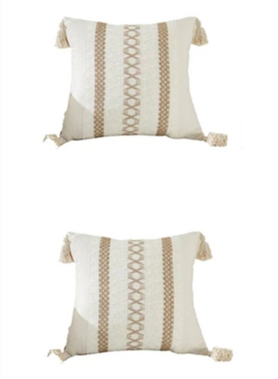 اشتري 2-Piece Quadrate Tassel Decor Cushion Cover Modern Fabric Decorative Pillow Case Canvas Off-White 45 x 45 Centimeter في الامارات