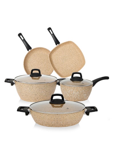 Buy Premium Granite 8-PCS Cookware Set. Set includes: 18cm Sauce Pan, 26cm Deep and Shallow Casseroles, 26cm Fry and 28cm Grill Pans with Lids. Made in Turkey. in UAE