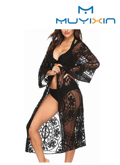 اشتري Womens Lace Cardigan Floral Crochet Sheer Beach Cover Ups Long Open Semi-Sheer في السعودية