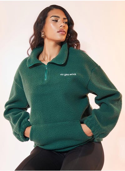 اشتري Embroidered Slogan Teddy Fleece Sweatshirt في السعودية