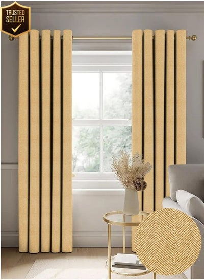 Buy Herringbone Texture Curtains 2 Piece Polyester Eyelets (Steel) Blackout Curtains with Tie Back, Bedroom Living Room (Mustard, 9 Ft x 4.2 Ft) in UAE