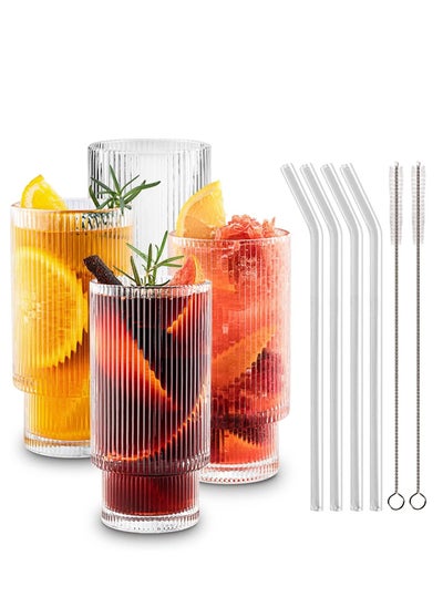 Buy Glass Cups with Straws 12oz, Drinking Glasses Set of 4, Ribbed Glassware, Cocktail Glasses, Vintage Glassware, Coffee Bar Accessories, Iced Coffee Cups(4 PACK) in Saudi Arabia