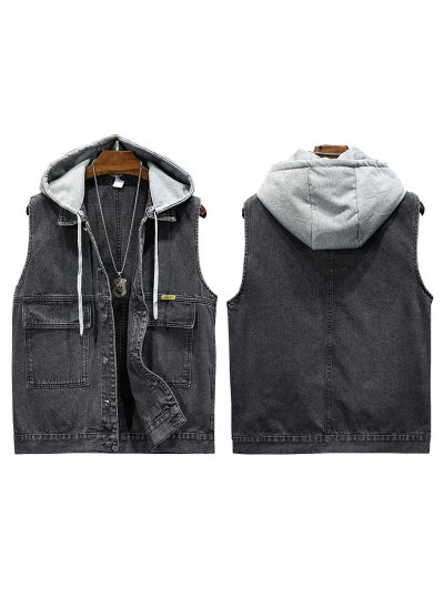 Buy 2024 Unisex Trendy Denim Vest Hooded Sleeveless Black Gray in Saudi Arabia