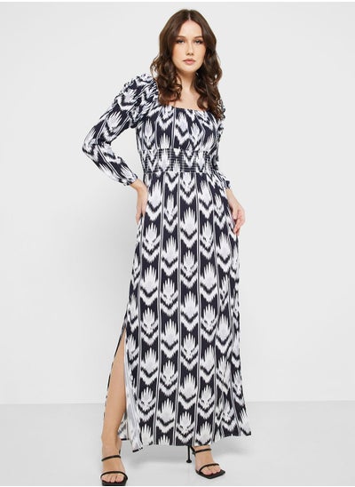 Buy Printed Puff Shoulder Fit & Flare Dress in Saudi Arabia