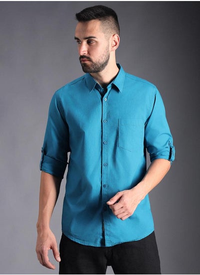 Buy Solid Roll-Up Sleeves Casual Shirt in Saudi Arabia