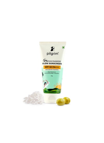 Buy Pilgrim 2% Niacinamide Glow Sunscreen SPF 50 +++ for men and women with Spanish Squalane | Enhances Glow, Broad spectrum, Non-greasy, No white cast & Prevents Tanning | All skin types | 50 gm in UAE