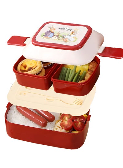 Buy GRAVIT Bento Lunch Box with Spoon and Fork, 2 Layer Leakproof Stackable Lunch Box, Bento Lunch Box Containers for Adults & Kids, Microwave/Freezer Safe (13x13.2x21cm) (Red) in UAE