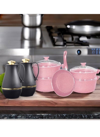 Buy 9-Piece Non Stick Original Pink Granite Coated Cookware Set Casserole 1 (26), Casserole 2 (26), Casserole 3 (28), Casserole 4 (30) in UAE
