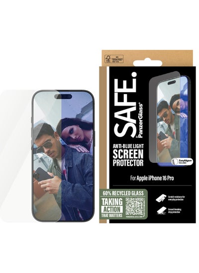 اشتري SAFE by PanzerGlass® Anti-Blue Light Screen Protector for iPhone 16 Pro, 60% Recycled Glass, Smudge-Free Coating - with mounting aid for easy installation, Tempered Glass Screen Protector For iPhone 16 في الامارات