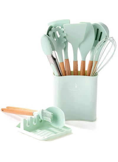 Buy Silicone Cookware Set, Silicone Kitchen Utensil Set 13 Pieces, Wooden Handle Nonstick Cookware Utensil Tool, Non-Toxic Heat Resistant Kitchen Tool Set with Storage Bucket and Lid Holder(Green) in UAE