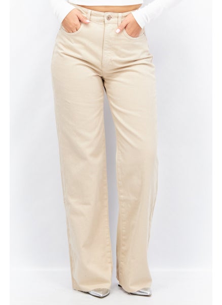 Buy Women Straight Fit Solid Non Stretchable Denim, Beige in UAE