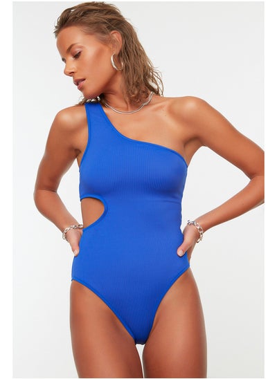 Buy Saxe Blue One Shoulder Cut Out/Windowed Textured Regular Swimsuit TBESS22MA0064 in Egypt