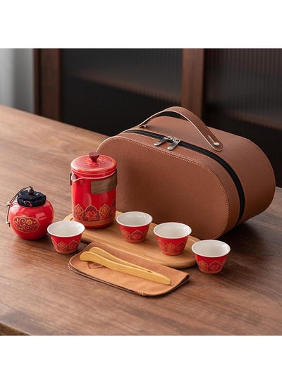 Buy Travel Tea Set 4 Cups 1 Pot 1 Tea Caddy Ceramic Portable Teapot and Tea Cup Set Brown Leather Travel Bag for Home Office Outdoor Camping Picnic in UAE