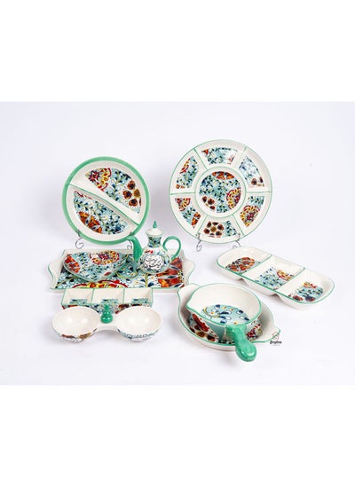 Buy 11 Piece Porcelain Flora Green Breakfast Set -Multicolor in Egypt