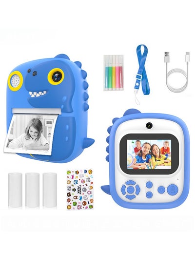 Buy Instant Print Camera For Kids P3 Thermal Printing Camera For Children 3+ years old Front Rear Camera 2.4in Screen 1080P Video 32GB Memory Card T-Rex Dinosaur (Blue) in UAE