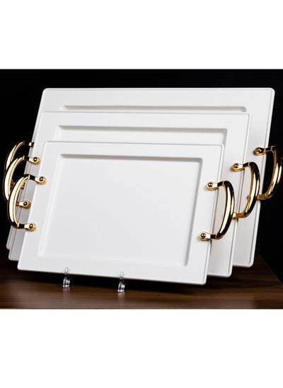 Buy A set of serving trays 3 pieces luxurious white golden stainless steel in Saudi Arabia