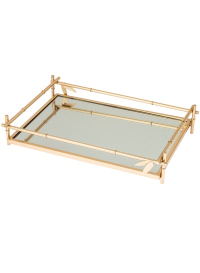 Buy A rectangular golden metal serving tray with a mirror floor and leaf decor in Saudi Arabia