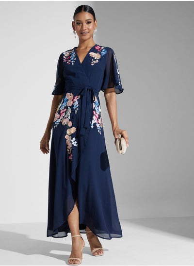 Buy Embroidered Flutter Sleeve Wrap Dress in UAE