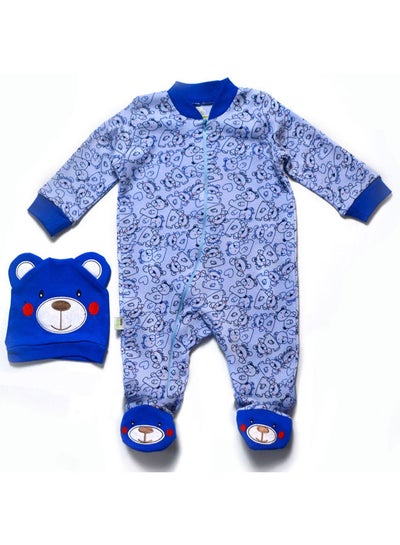 Buy Baby All Over Printed Bear Footed Jumpsuit with beanie set in Egypt