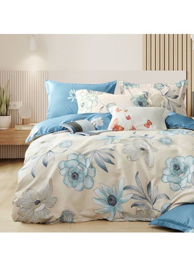 اشتري 4 Piece Single Size Comforter Set Microfiber Reversible Ivory/Blue في السعودية