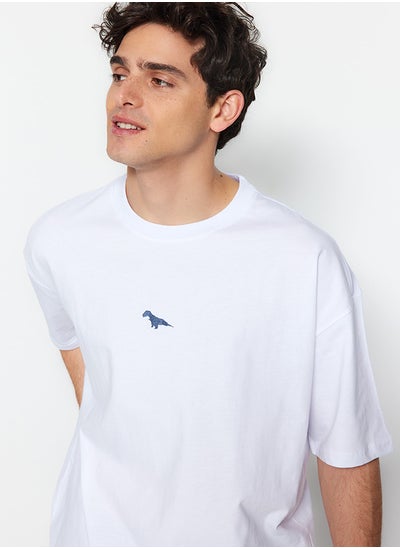 اشتري White Oversize/Wide Cut Short Sleeve Dinosaur Embroidered 100% Cotton T-Shirt TMNSS23TS00243 في مصر