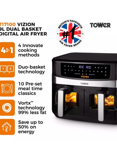 Buy Air Fryer T17100, Vortx Vizion 9L Dual Basket with Digital control panel & 10 One-touch Pre-sets, Black in UAE