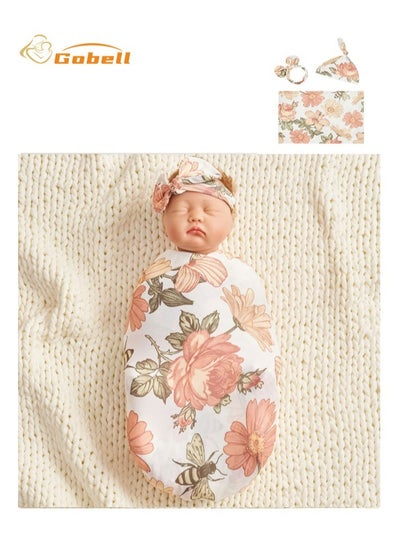 Buy Cute Newborn Swaddle Wrap Blanket 80x80CM With Flower Headband And Hat 3pcs For Baby in Saudi Arabia