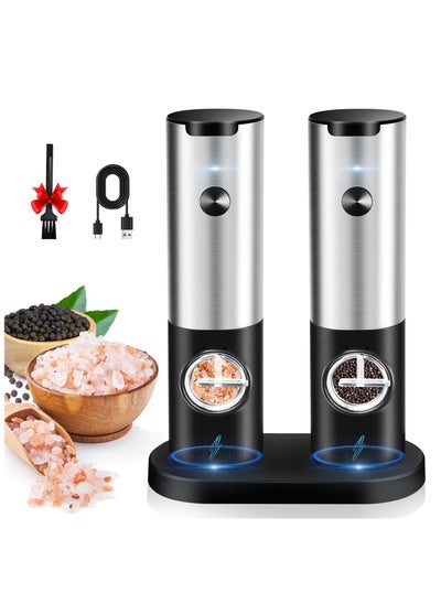 Buy Electric Salt and Pepper Grinder Set: Leap Fit Rechargeable Pepper Mills with Adjustable Coarseness - Automatic Battery Operated Spices Shaker with LED Light in Stainless Steel in Saudi Arabia