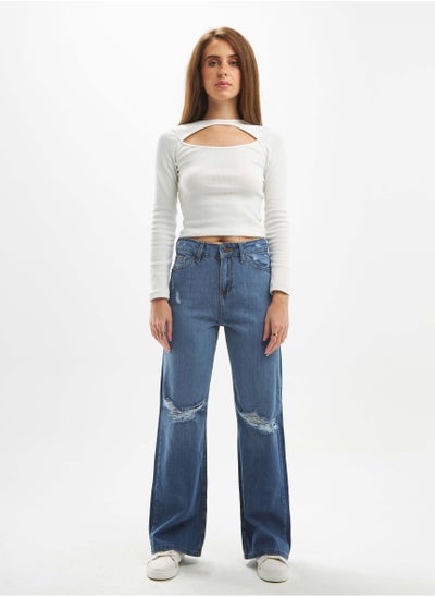 Buy High-Waist Medium Wash Distressed Straight Wide Leg Jeans. in Saudi Arabia