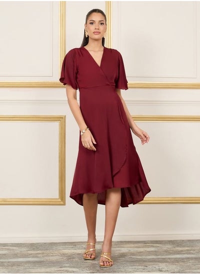 Buy Satin Asymmetric Hem Wrap Midi Dress in Saudi Arabia